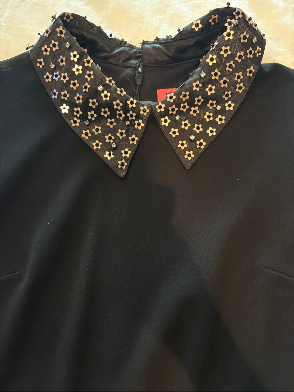 Betsey Johnson Black Top with Metallic Floral Collar